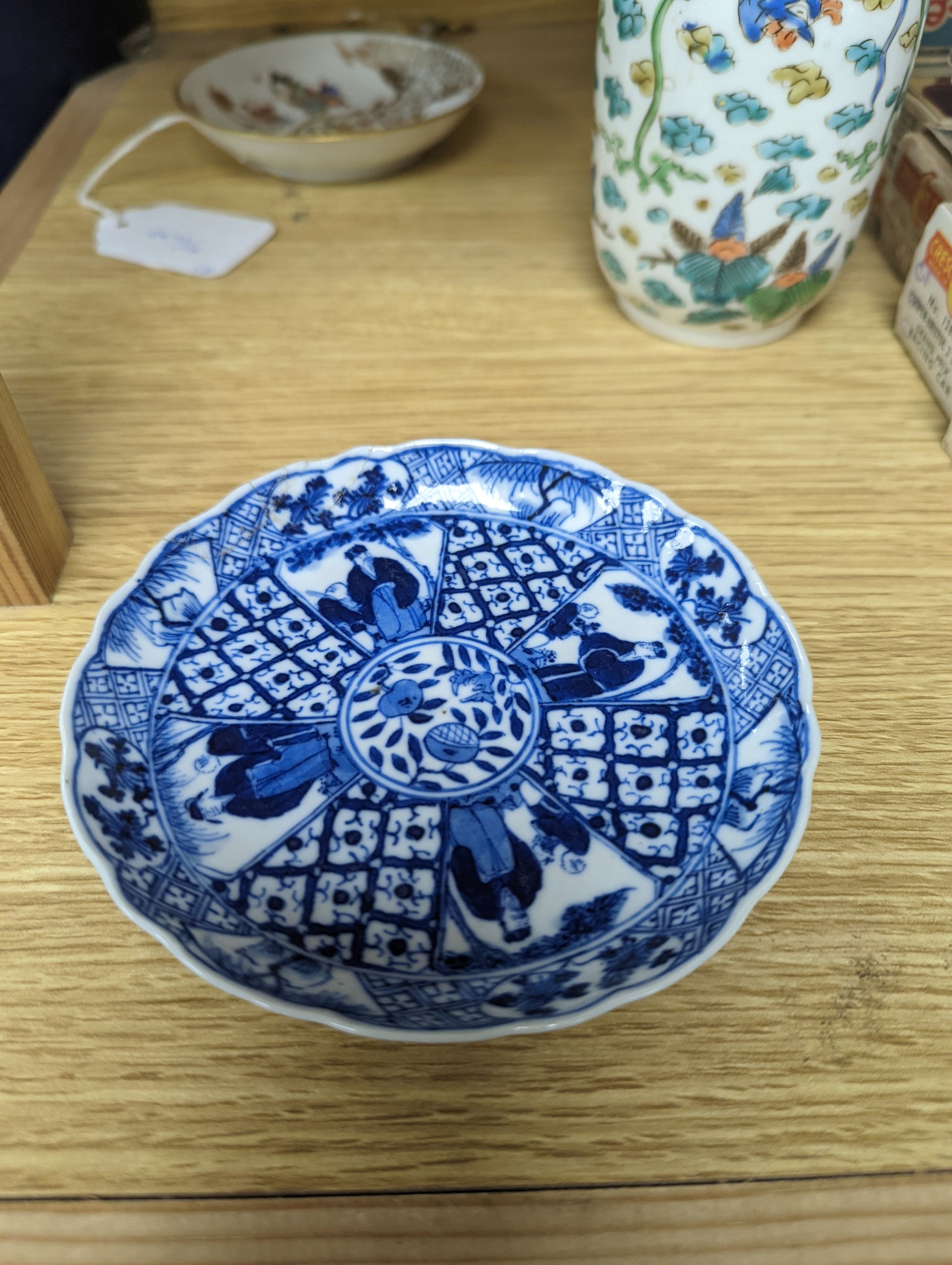 Two Chinese porcelain saucers, and a Chinese enamelled porcelain vase, 12.5cm., 18th century and later